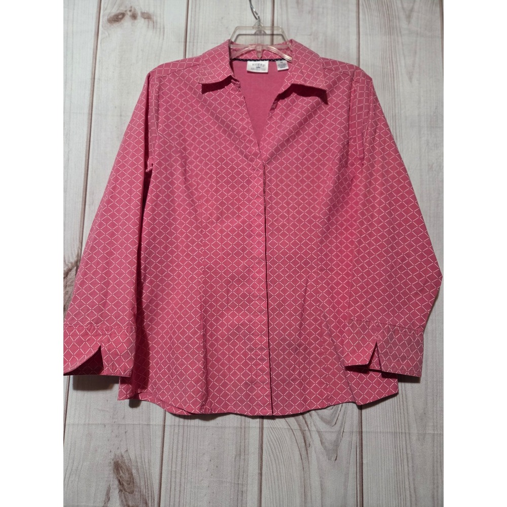 Riders by Lee Effortless Care Pink Diamond Print 3/4 Sleeve Button Up Shirt M